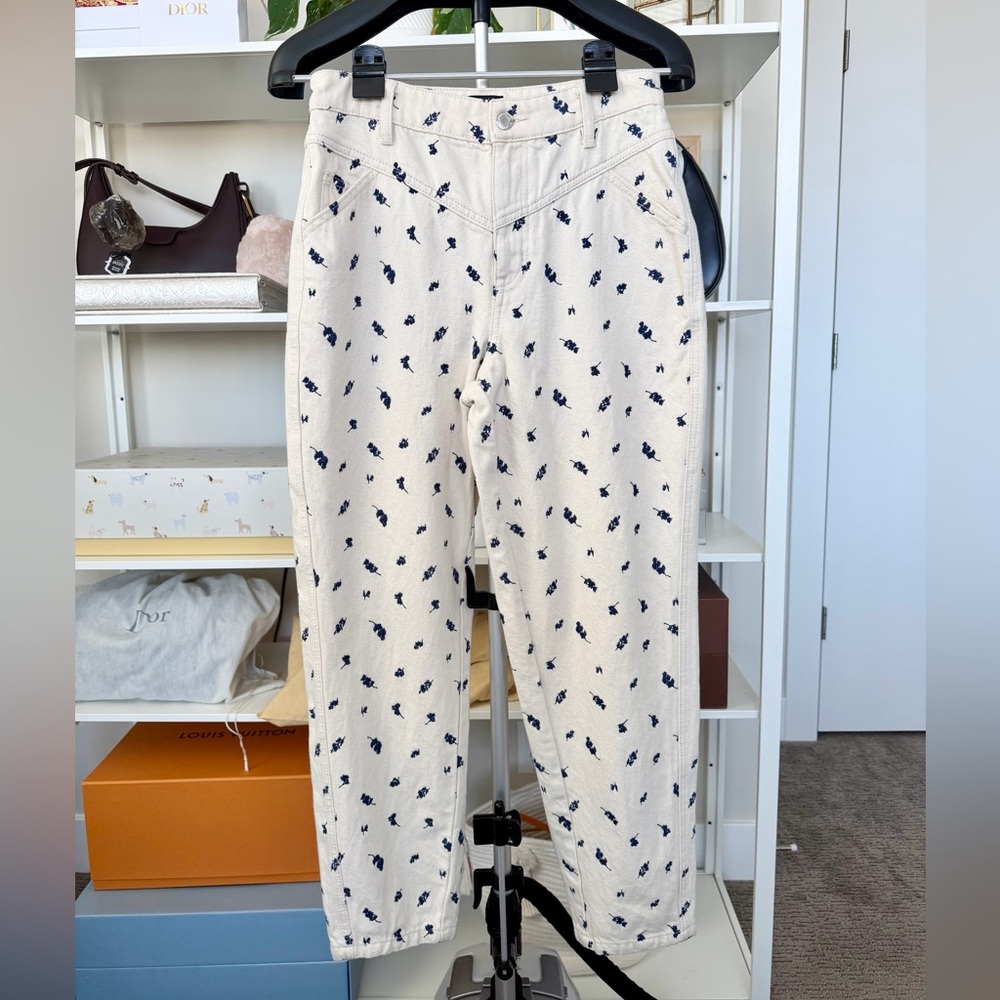 Frank & Oak Cream Straight-Leg Jeans with Navy Floral Motif